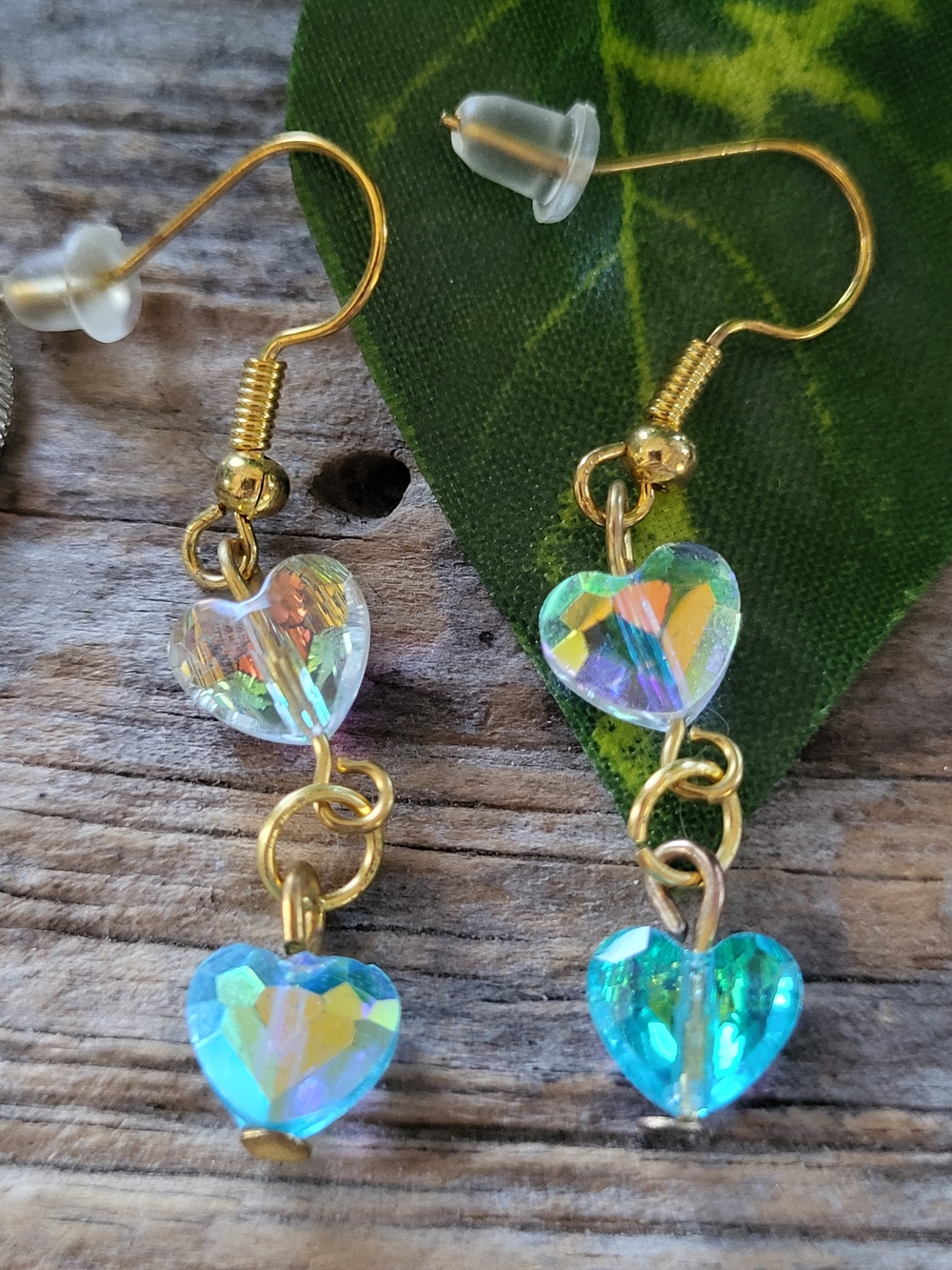 Gold Toned Heart Drop Earrings with Iridescent  Hearts